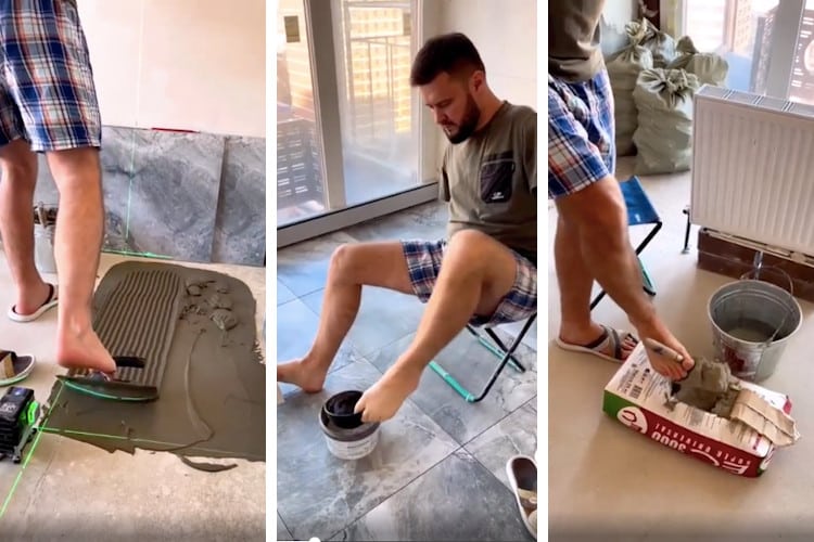 Man With No Arms Flawlessly Installs Tiles on a Floor Using Only His Feet