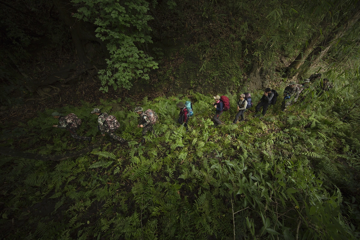 Wildlife rangers from Thailand's Department of National Parks, Wildlife and Plant Conservation and Panthera trek through dense undergrowth in Thailand.