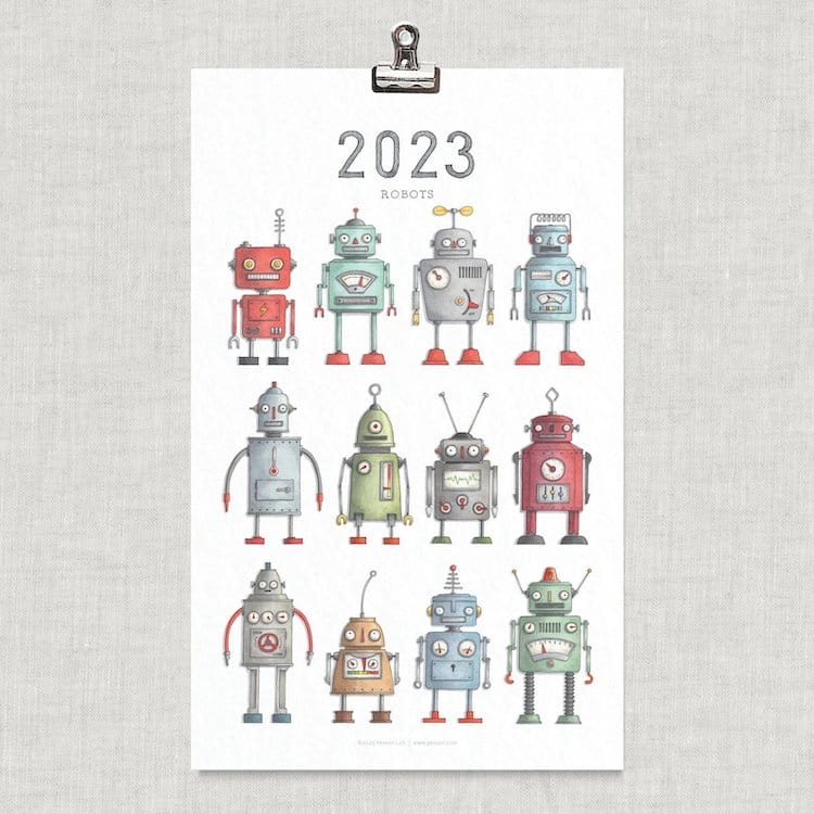 illustrated robot wall calendar