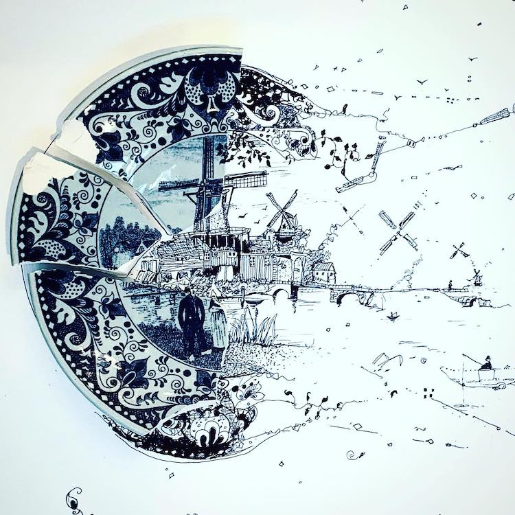Broken Plate Pen Drawing by Rob Strati